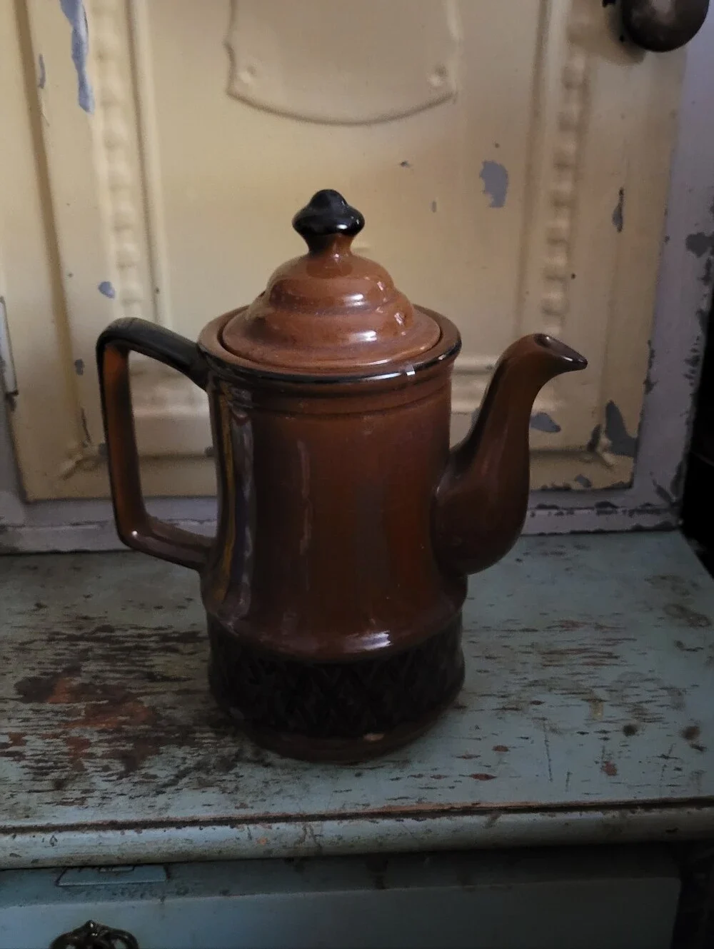 Vintage Brown Ceramic Coffee Pot with Dark Accents